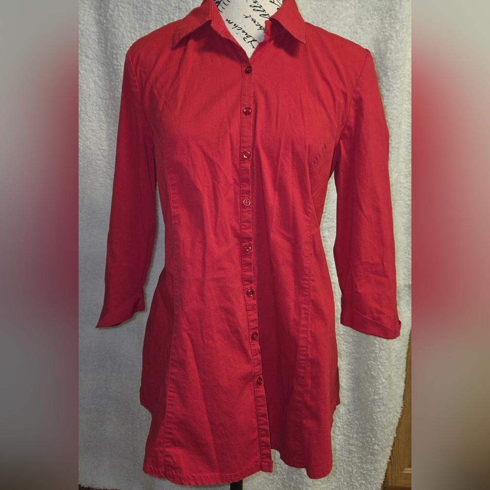 Vintage Motherhood Maternity Red 3/4 Sleeve Button Front Stretch Blouse Top Sz M